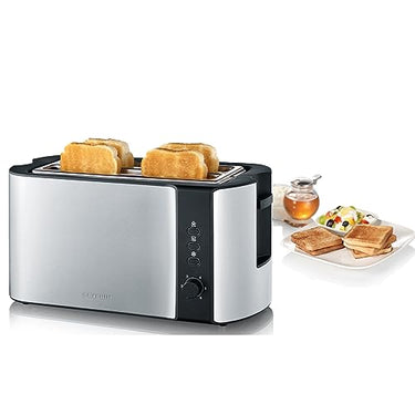 SEVERIN Automatik-Langschlitztoaster für 4 Toastscheiben, mit Brötchenaufsatz hochwertiger Edelstahl Toaster mit großen Röstkammern und 1.400 W Leistung, Edelstahl-gebürstet/schwarz, AT 2590 im Sale